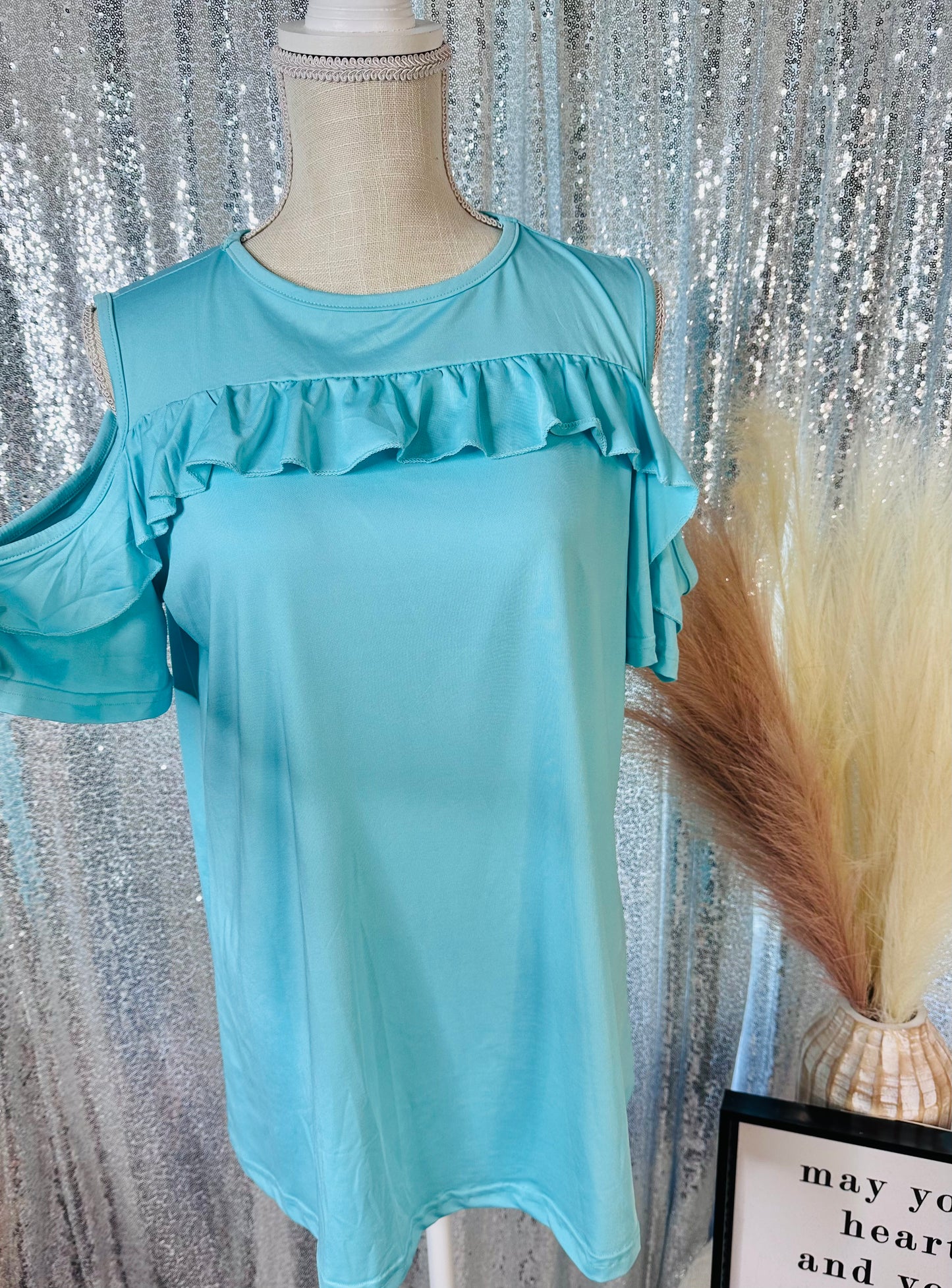 Teal Flowy Open Shoulder Ruffle Top