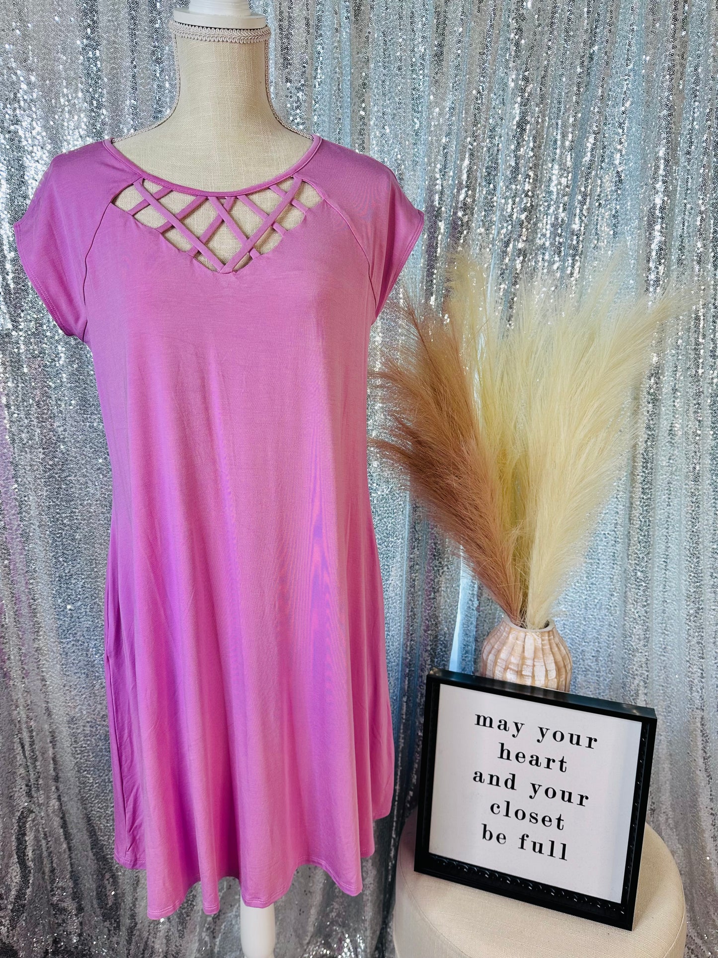 Mauve Criss Cross Front Dress With Pockets