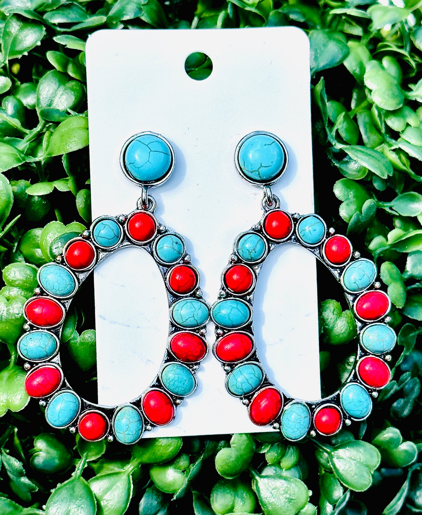 Turquoise / Red Oval Stone Earrings