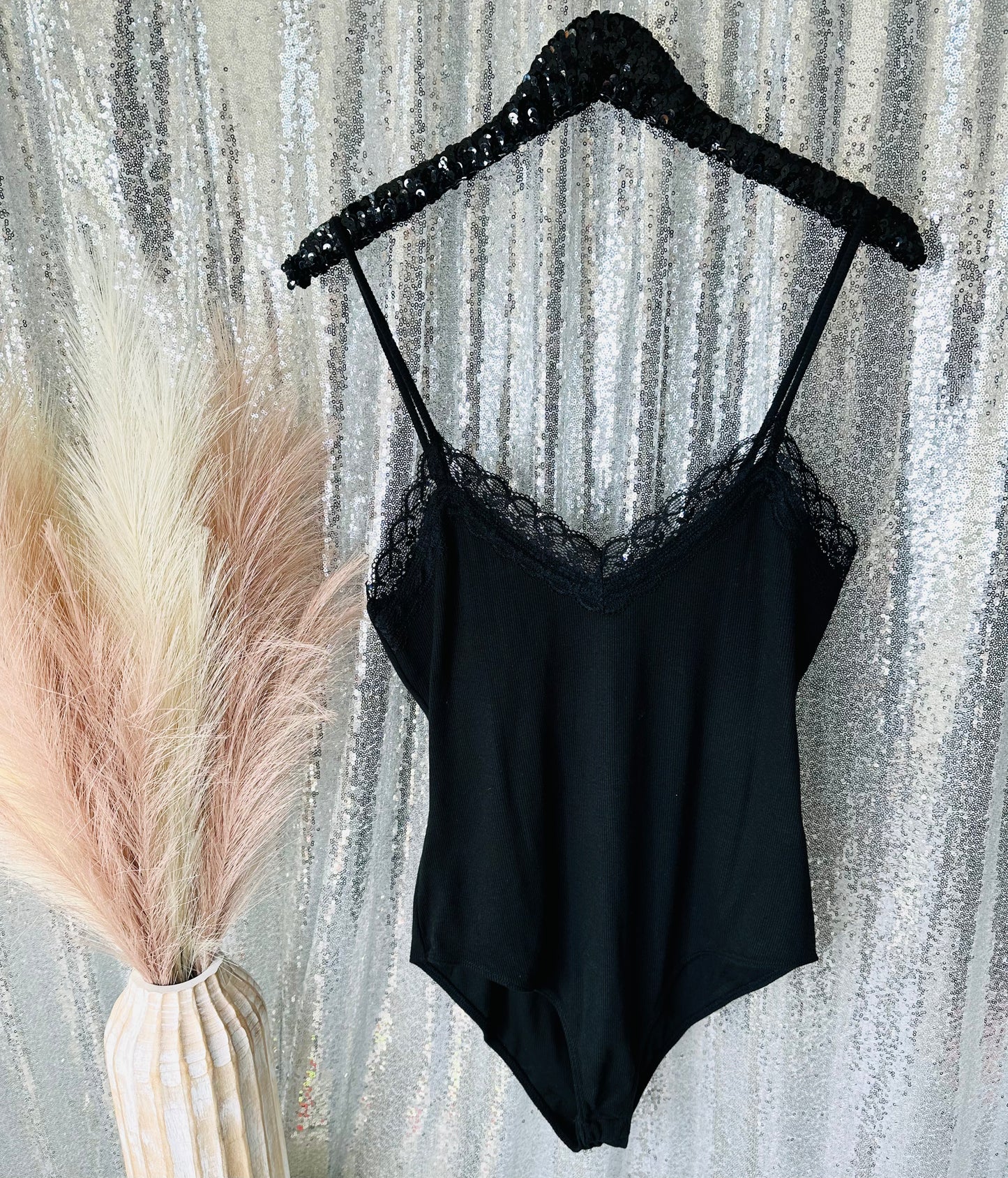Plus Black Lace Trim Tank Bodysuit