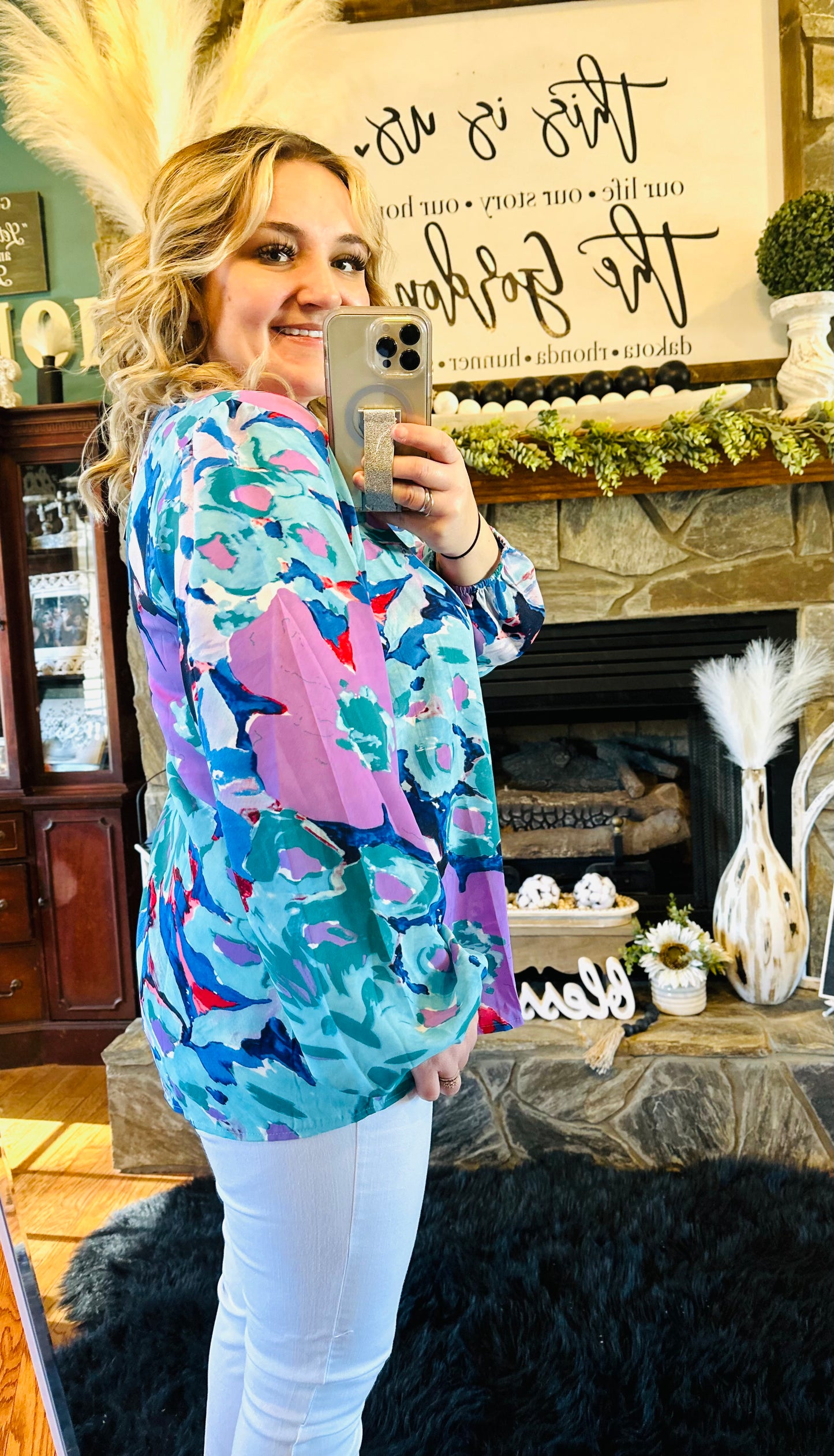 1 : Jodifl Blue Floral Print Long Bubble Sleeve Top