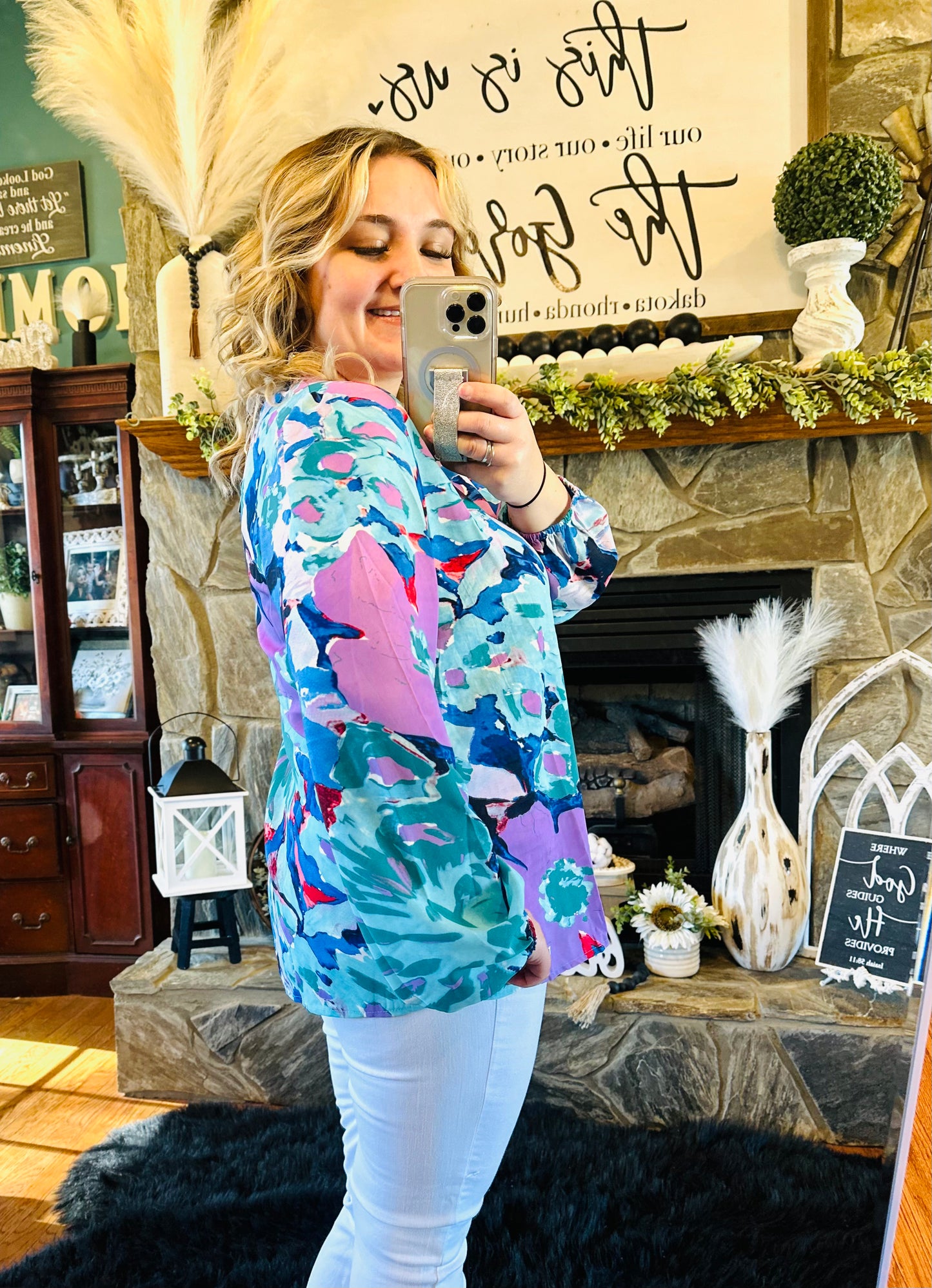 1 : Jodifl Blue Floral Print Long Bubble Sleeve Top