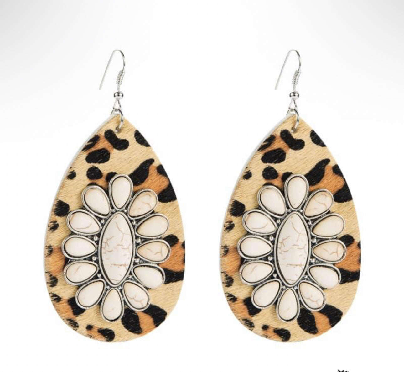 Leather Cheetah Cream Stone Earrings