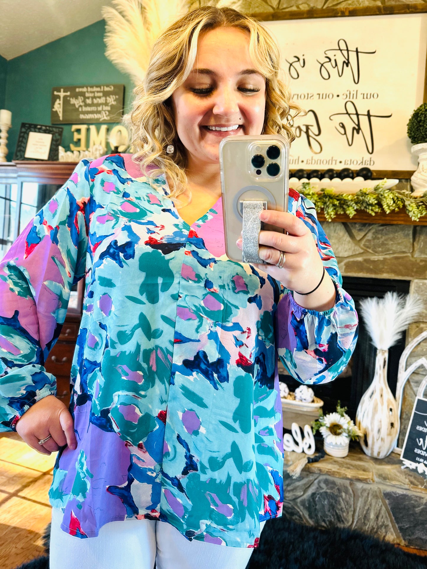 1 : Jodifl Blue Floral Print Long Bubble Sleeve Top