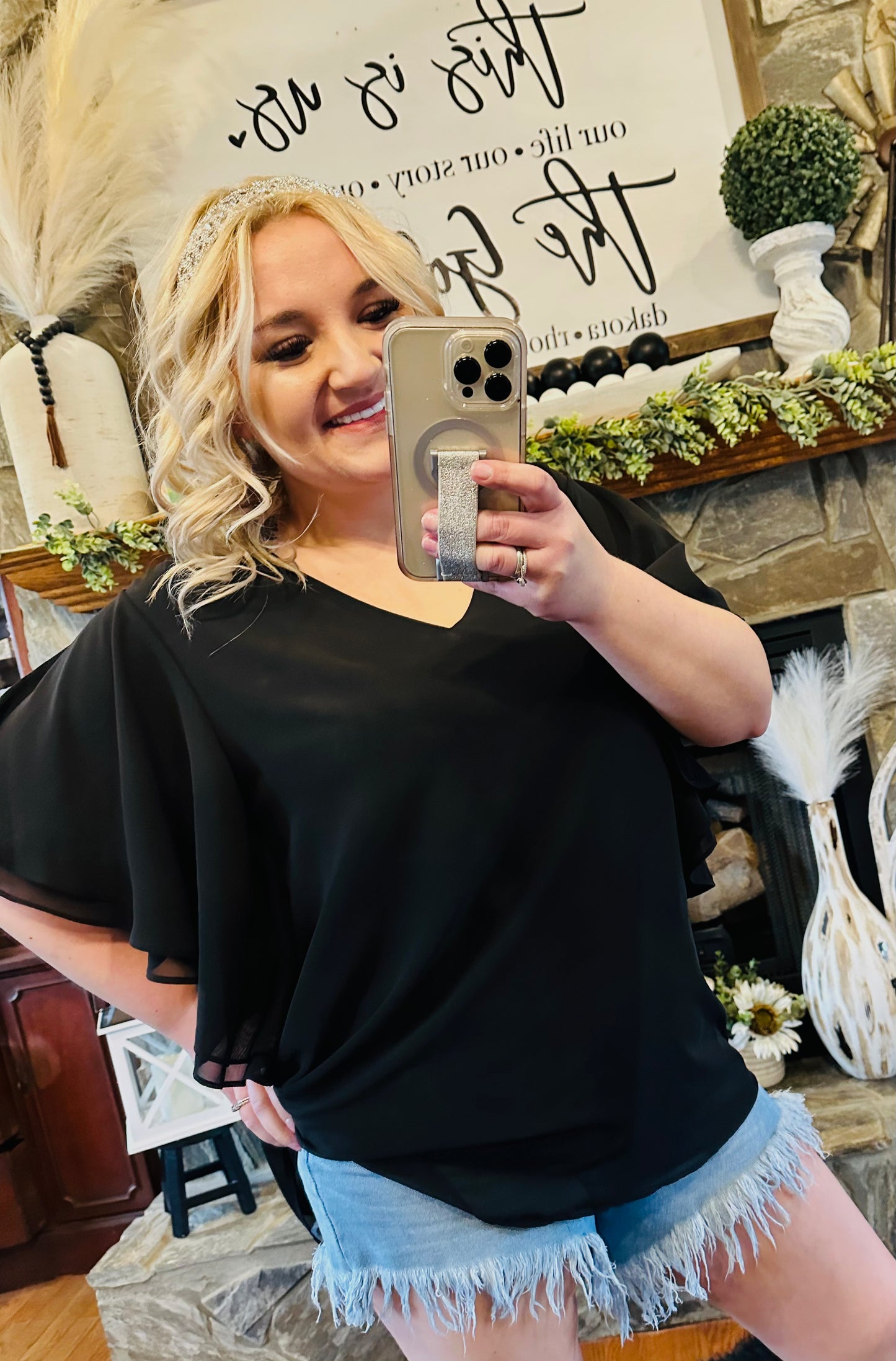 1 : Zenana - Flowy Flutter Sleeve Vneck Dressy Top