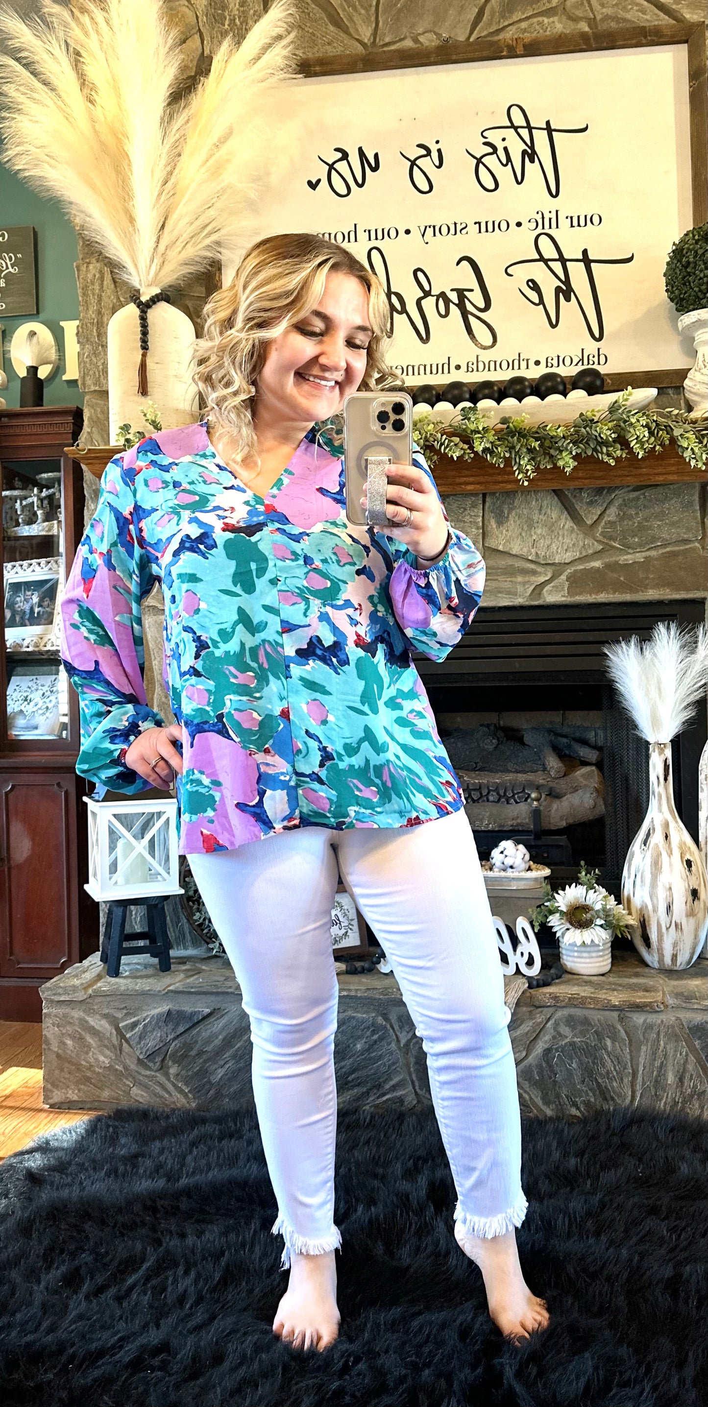 1 : Jodifl Blue Floral Print Long Bubble Sleeve Top