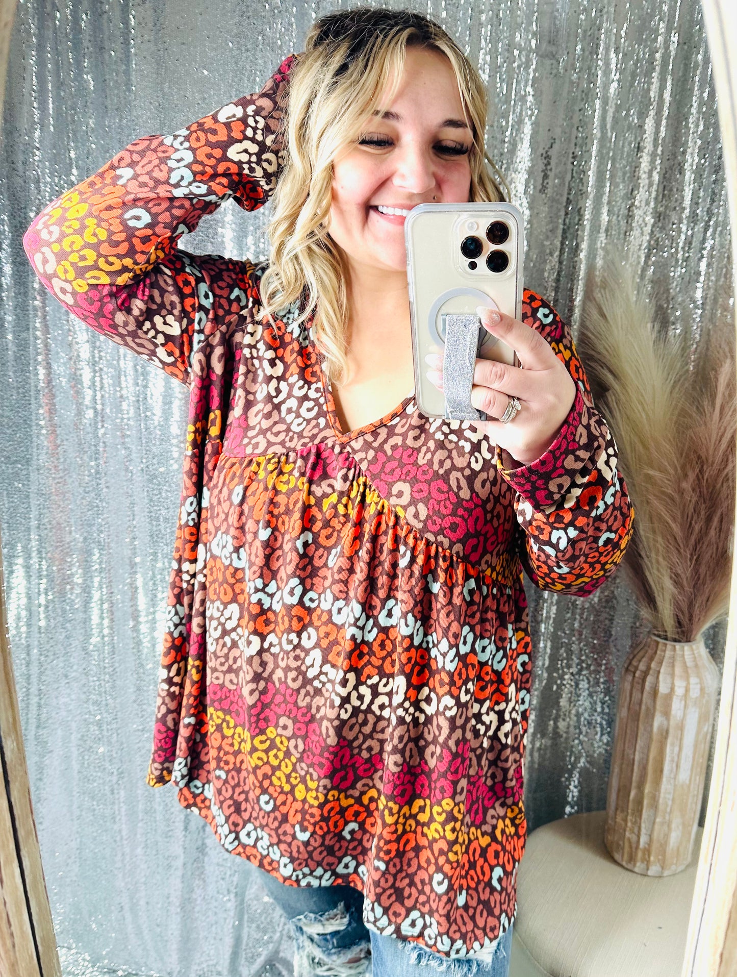 Bright Pop Leopard Print Light Knit Vneck Long Sleeve Babydoll Top