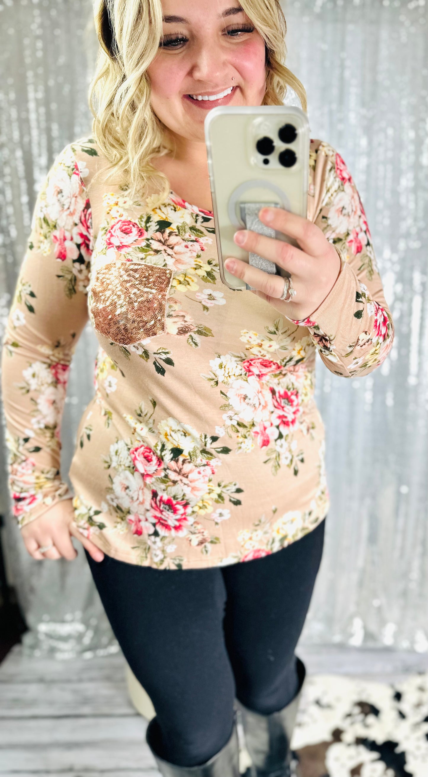 Tan Long Sleeve Floral Rose Gold Glitter Pocket Top