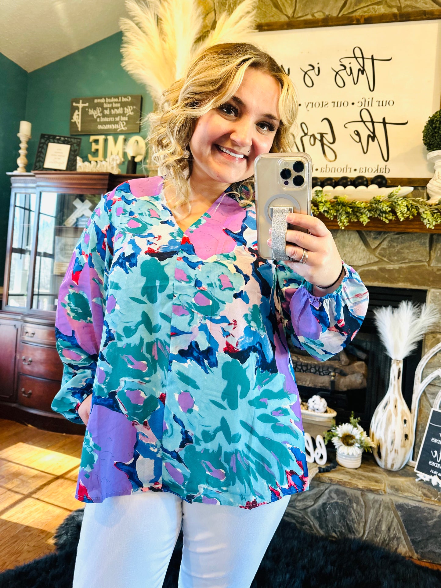 1 : Jodifl Blue Floral Print Long Bubble Sleeve Top