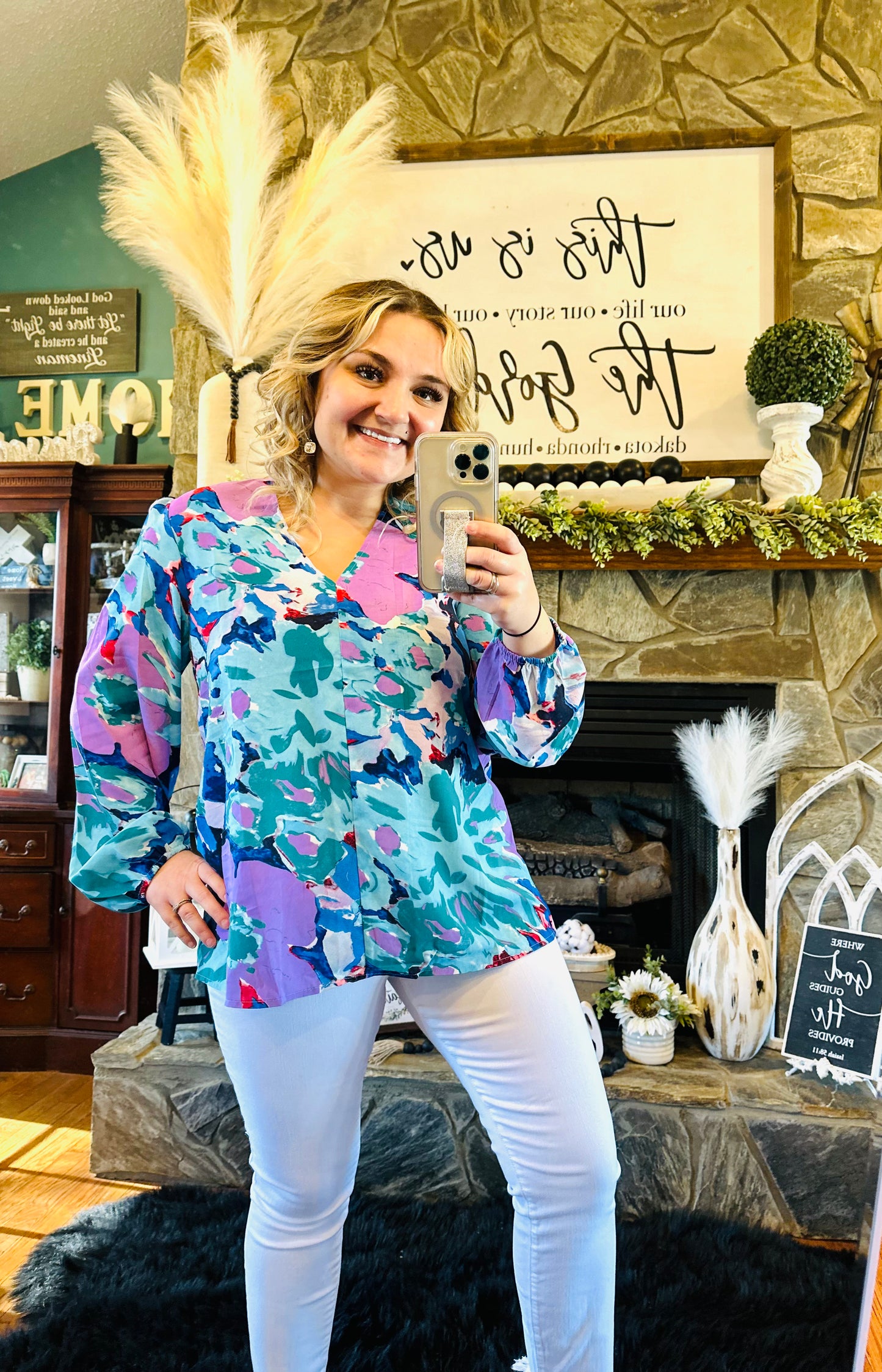 1 : Jodifl Blue Floral Print Long Bubble Sleeve Top