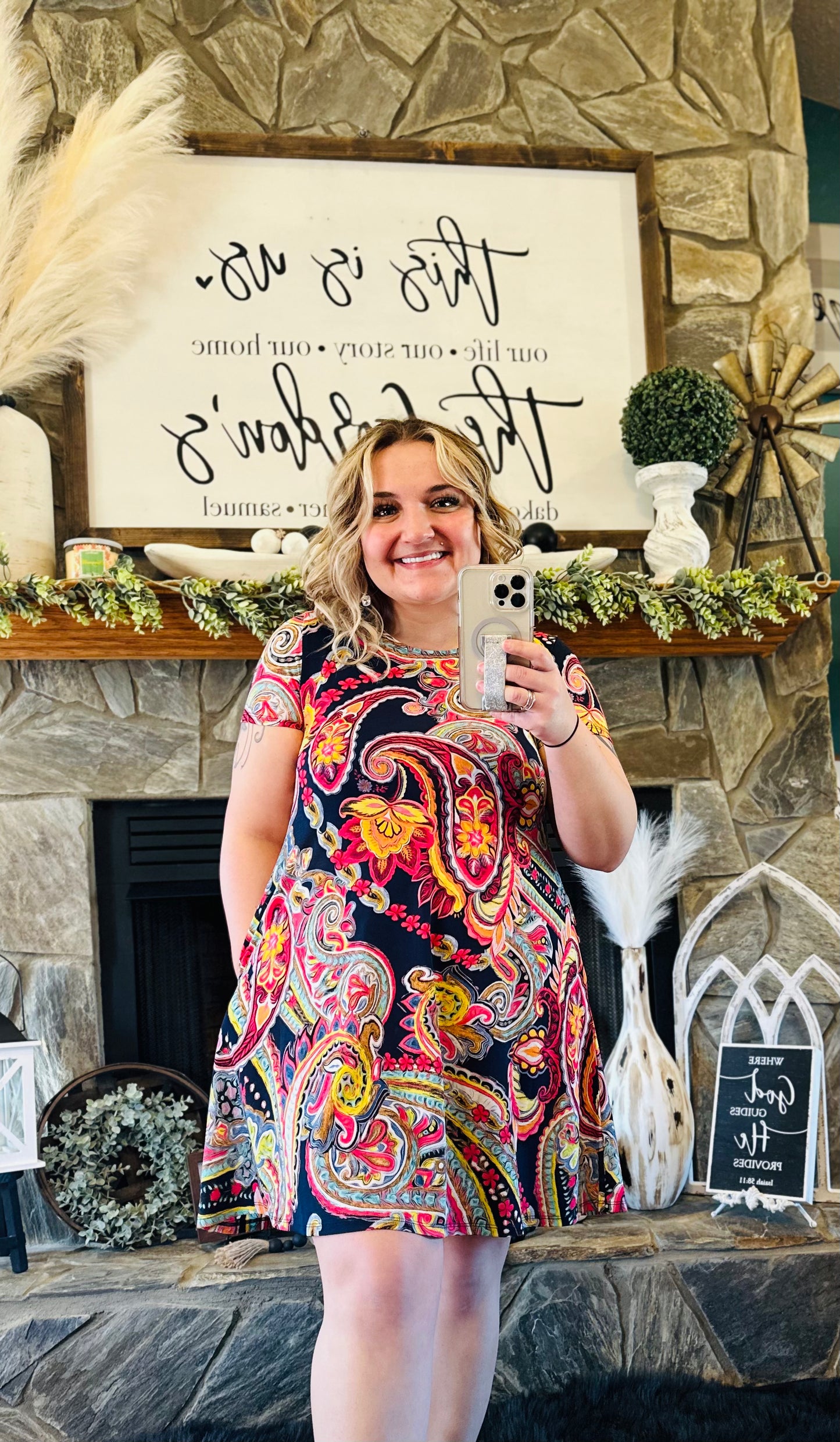 Navy Paisley Floral Dress With Pockets