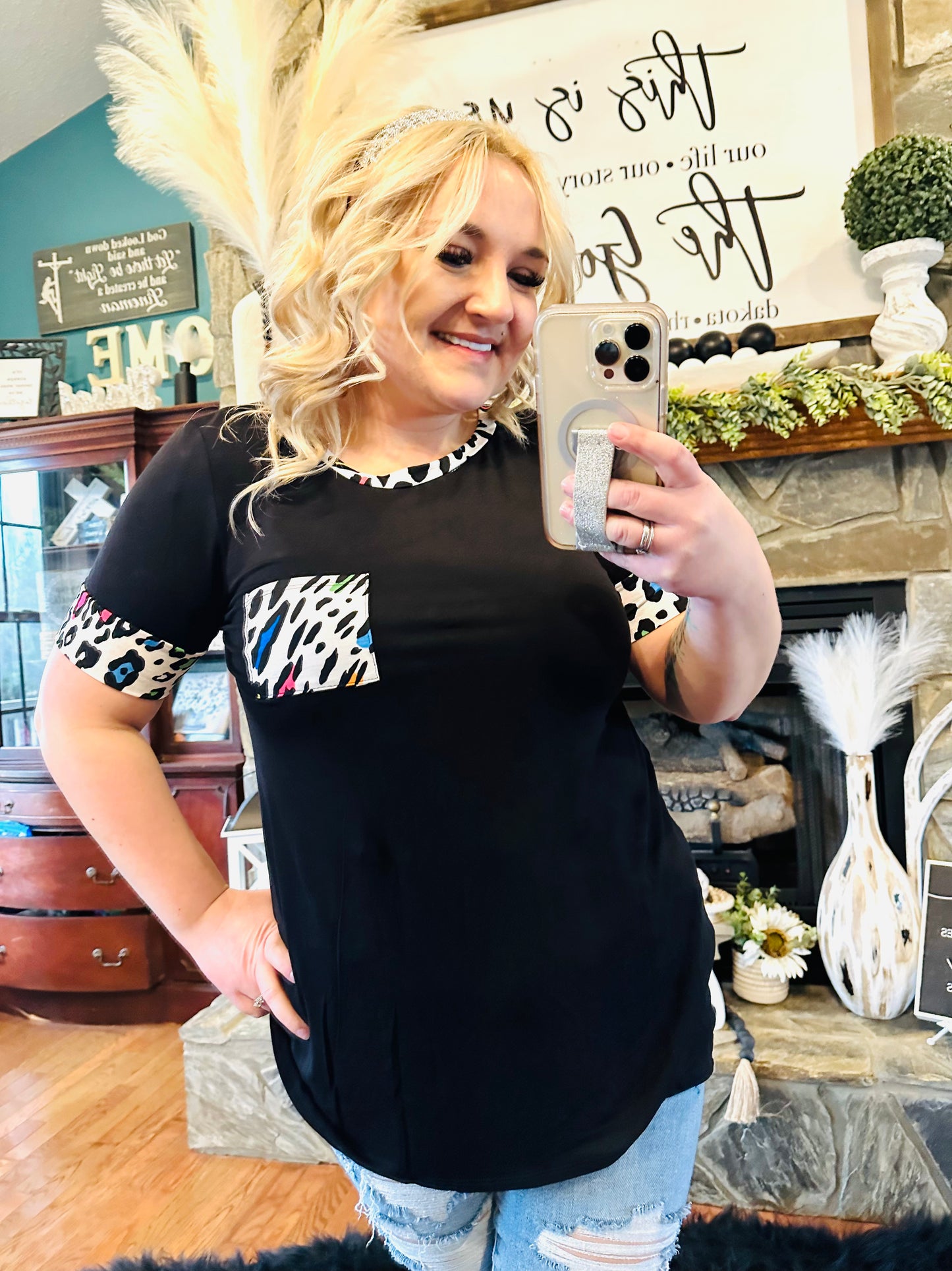 Black Flowy Pocket Top With White Cheetah Trim