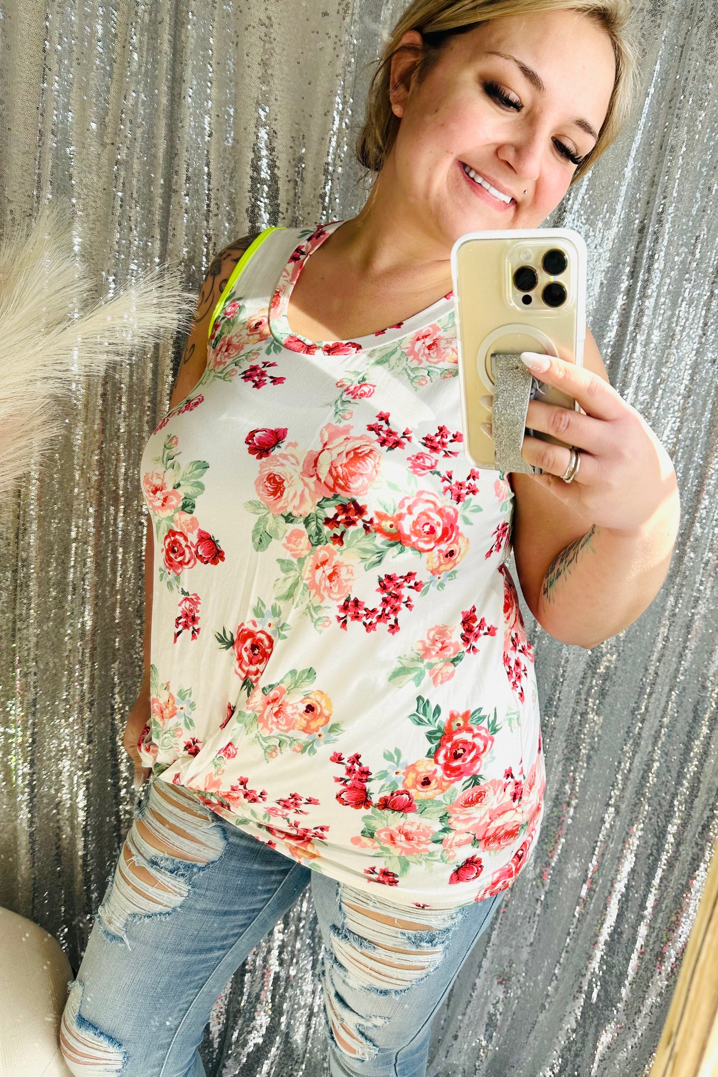 White Floral Yellow Trim Tank Top