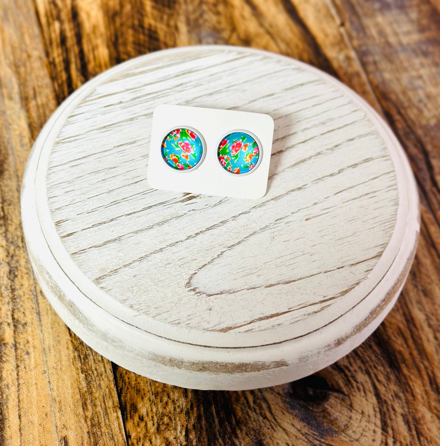 Teal Floral Stud Earrings