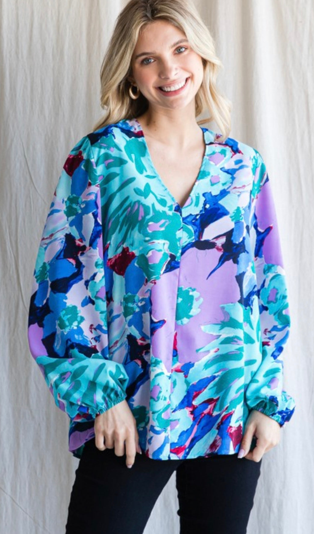 1 : Jodifl Blue Floral Print Long Bubble Sleeve Top