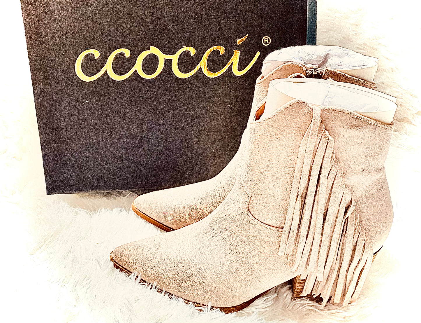Ccocci - Taupe Pointed Toe Fringe Detail Zip Up Booties