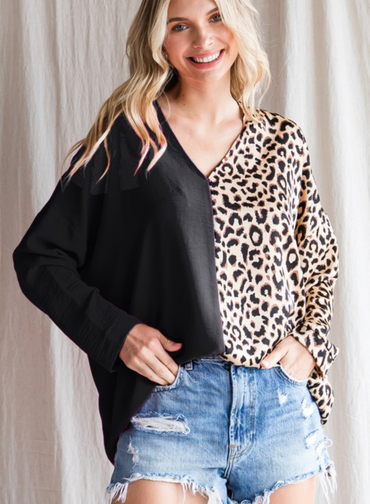 Jodifl Leopard Print Colorblock Long Sleeve Top