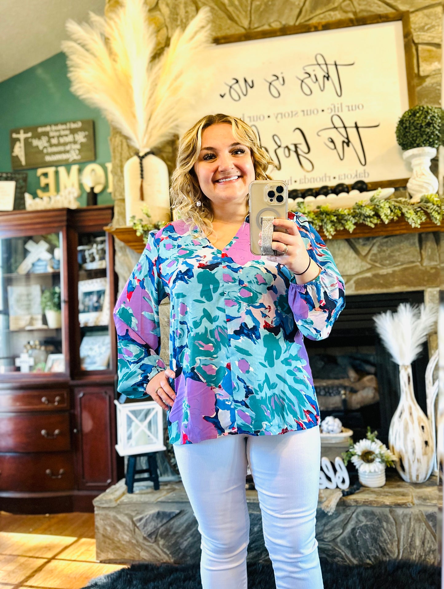 1 : Jodifl Blue Floral Print Long Bubble Sleeve Top