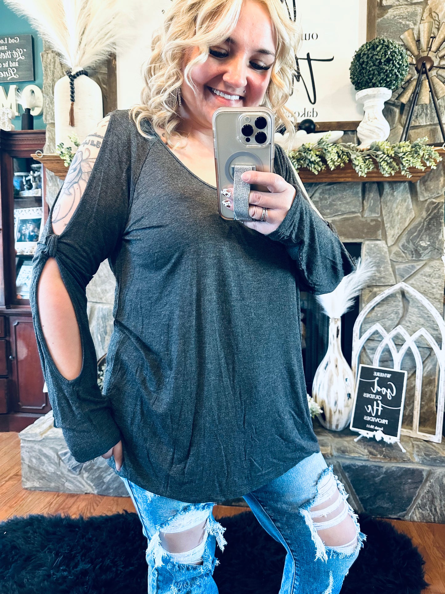 Grey Open Shoulder Twist Long Sleeve Top