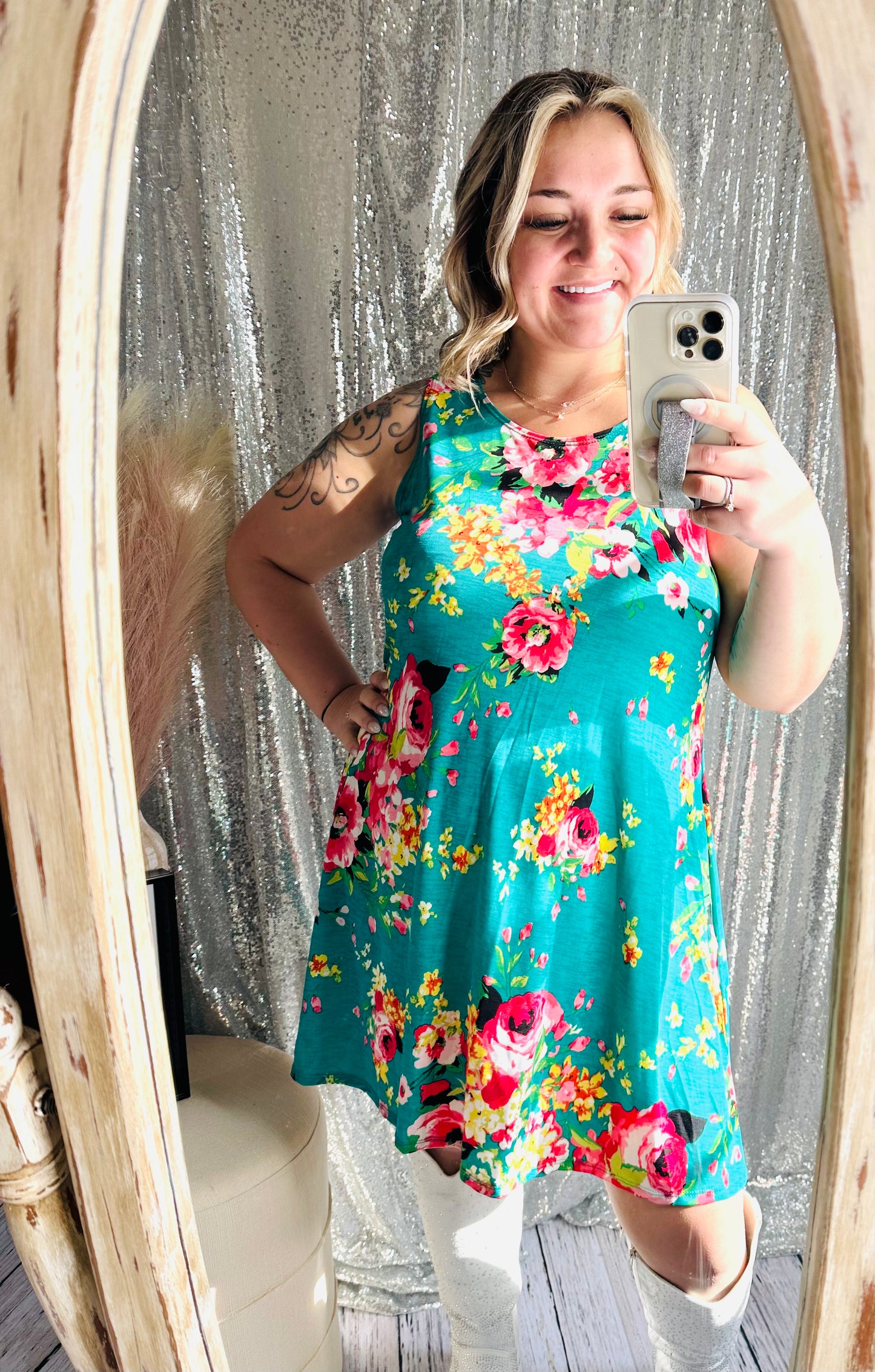 Teal Floral Tank Dress With Pockets