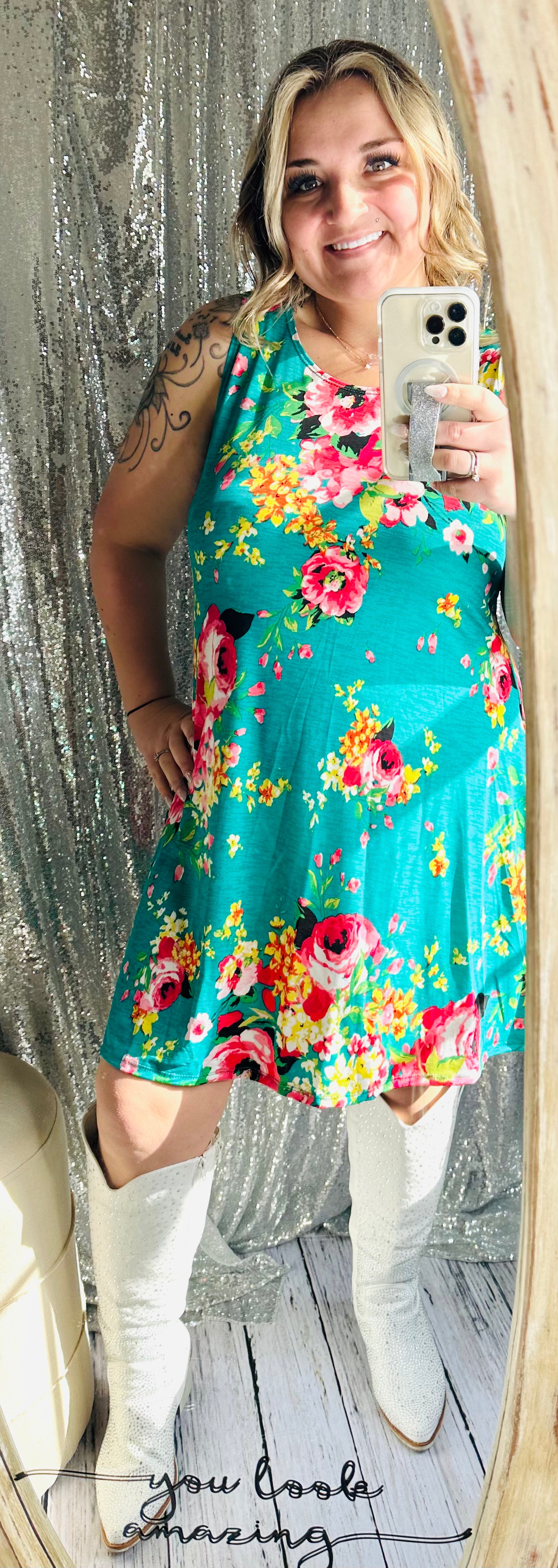 Teal Floral Tank Dress With Pockets