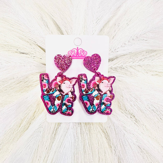 Dark Pink Pig Love Dangle Earrings