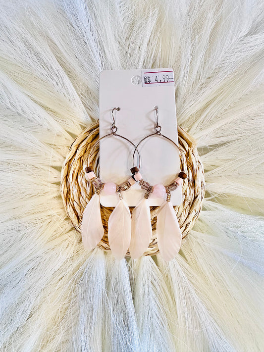 Cream Hoop Feather Dangle Earrings