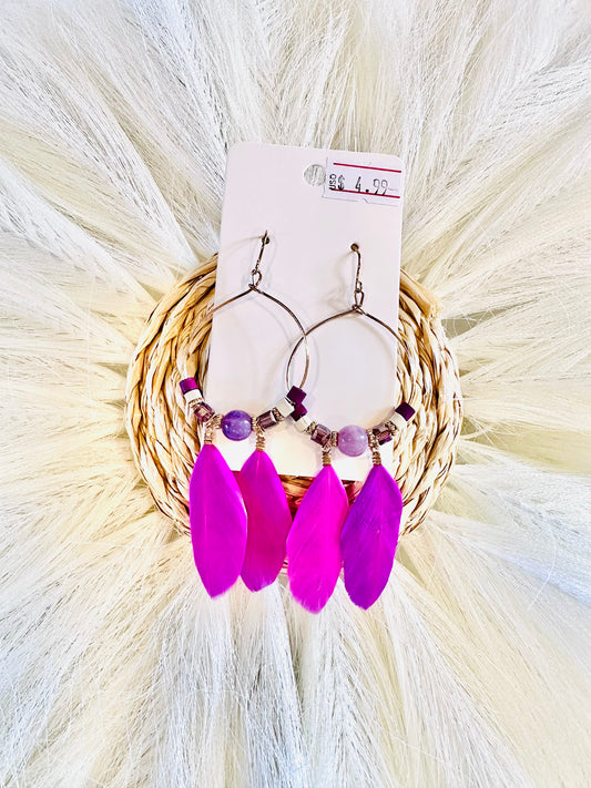 Magenta Hoop Feather Dangle Earrings