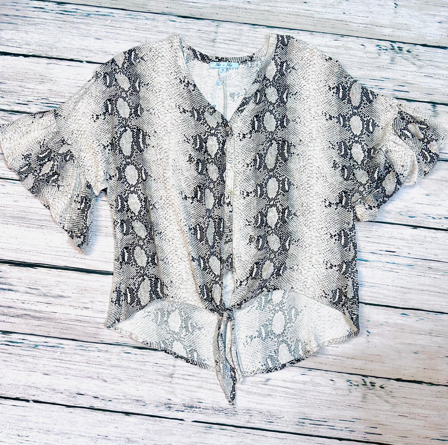 She & Sky - Snake Skin Flowy Button Down Knot Tie Top