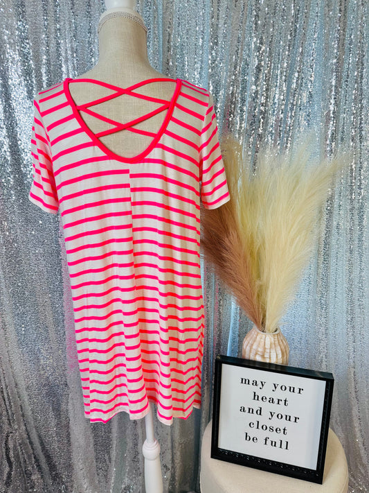 Pink / White Stripe Criss Cross Back Top