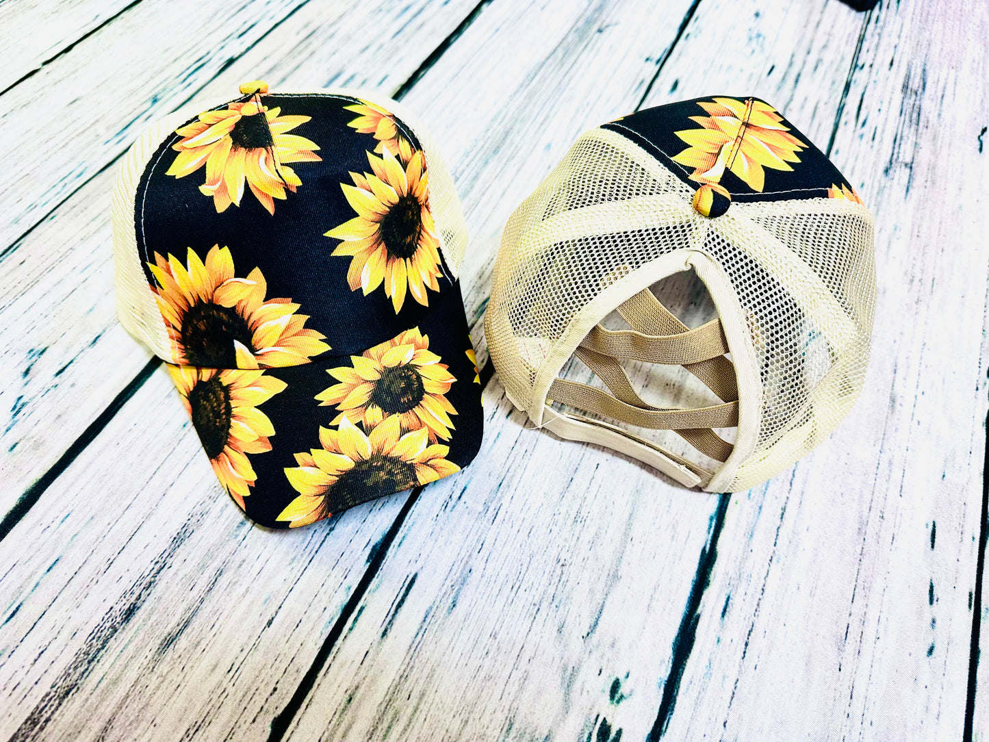 Sunflower Criss Cross Ponytail Back Hat