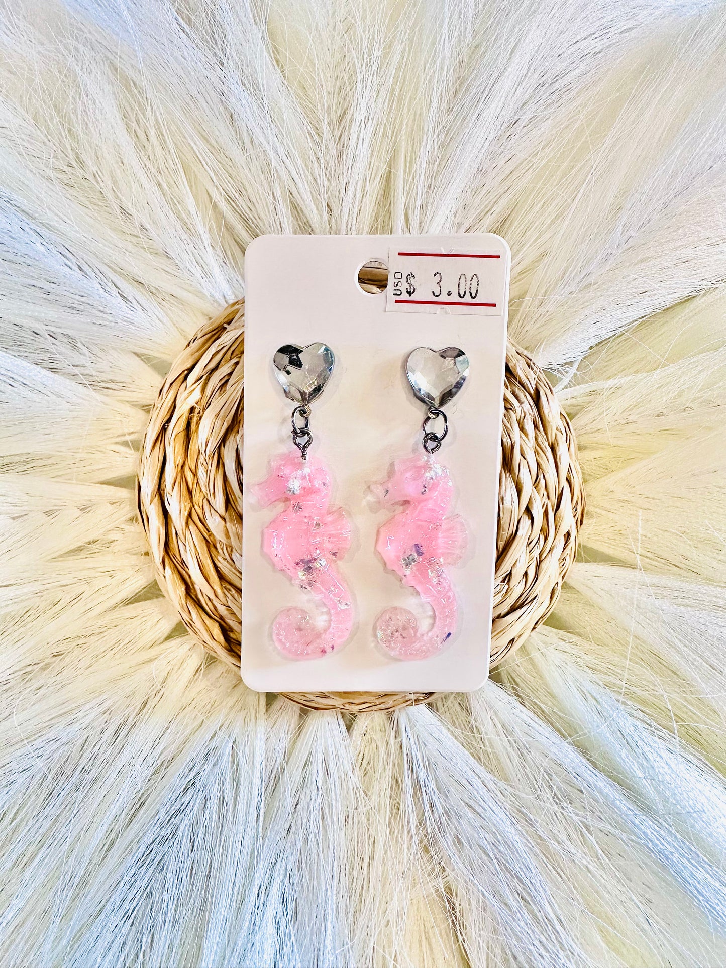 Pink Seahorse Heart Dangle Earrings