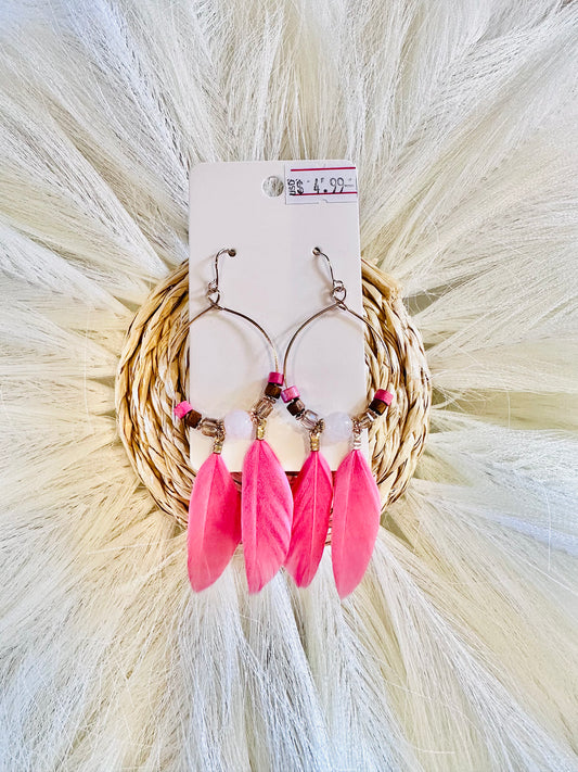 Hot Pink Hoop Feather Dangle Earrings