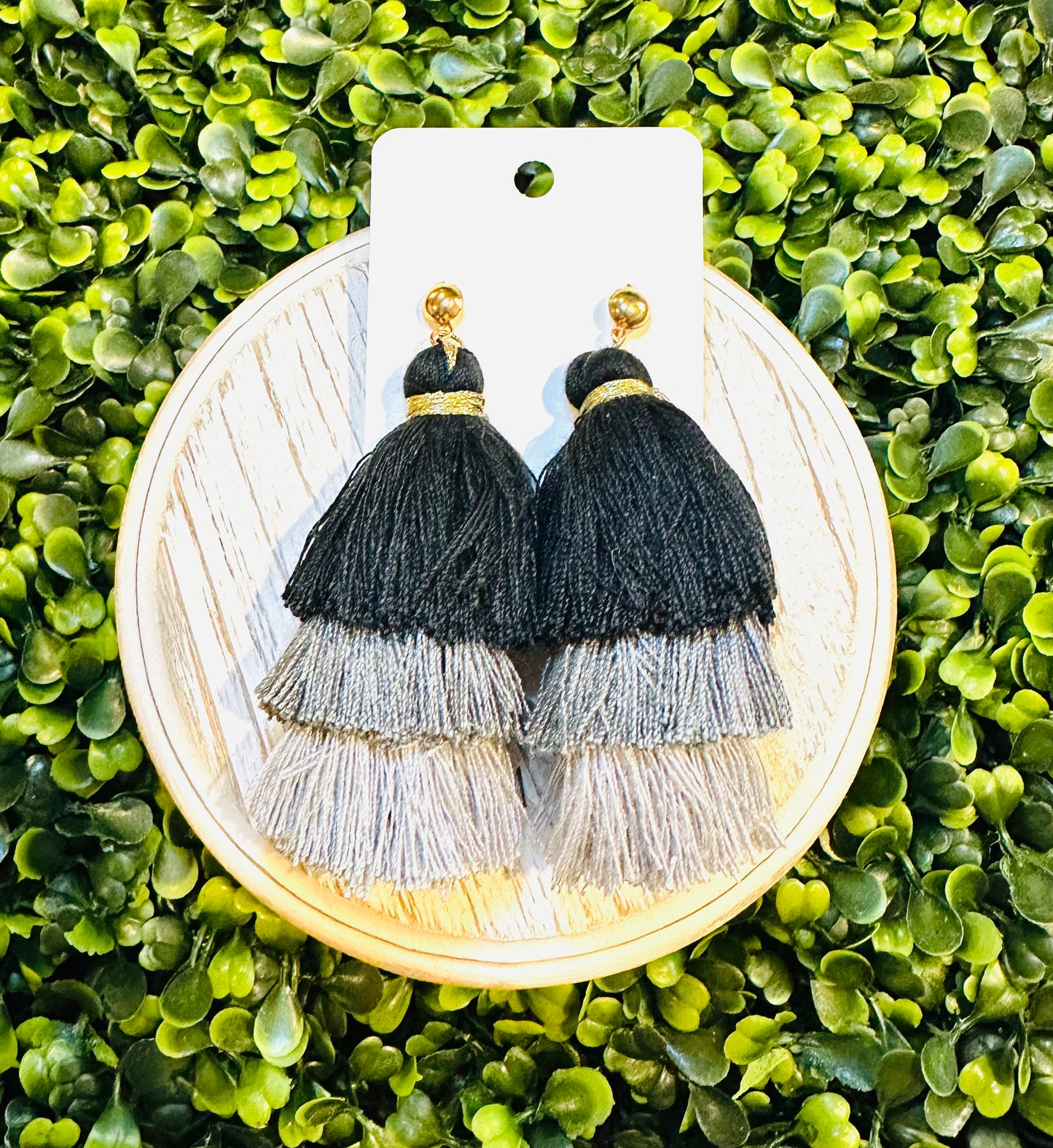 Black Triple Tier Tassel Earrings