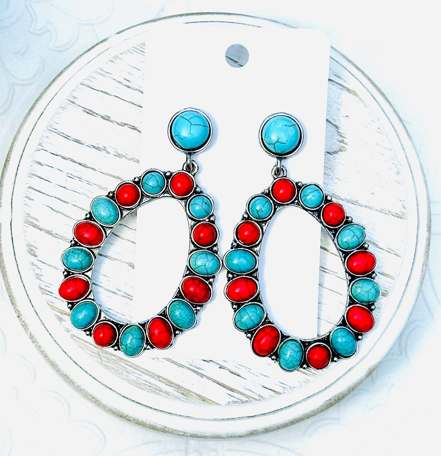 Turquoise / Red Oval Stone Earrings