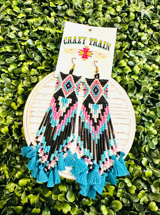 Crazy Train - Black / Teal / Pink / White Beaded Tassel Earrings