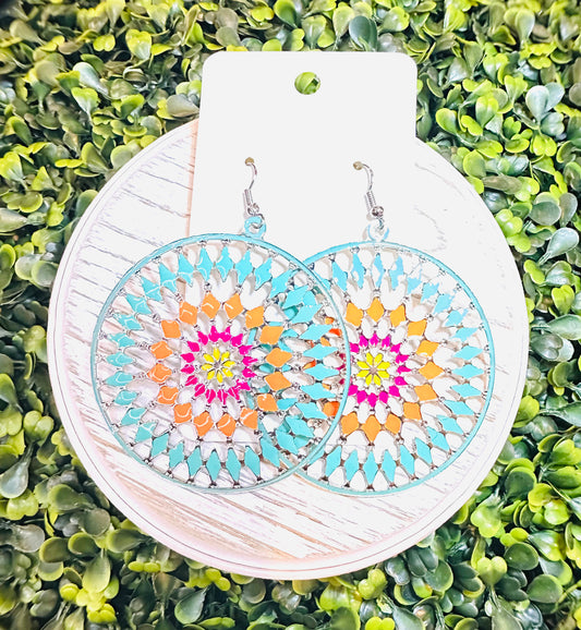 Round Teal / Orange Pendant Earrings