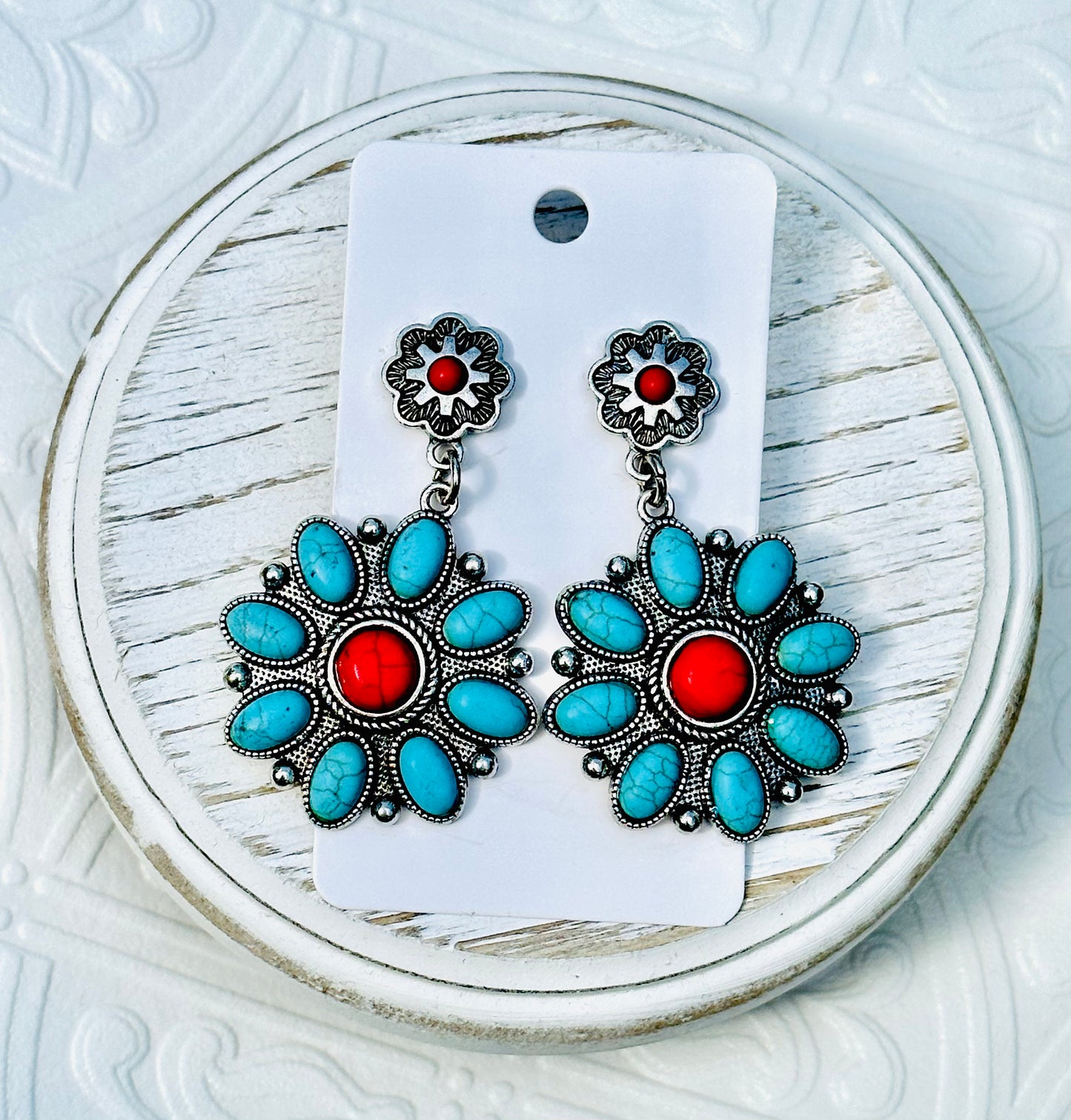 Turquoise / Red Flower Stone Earrings