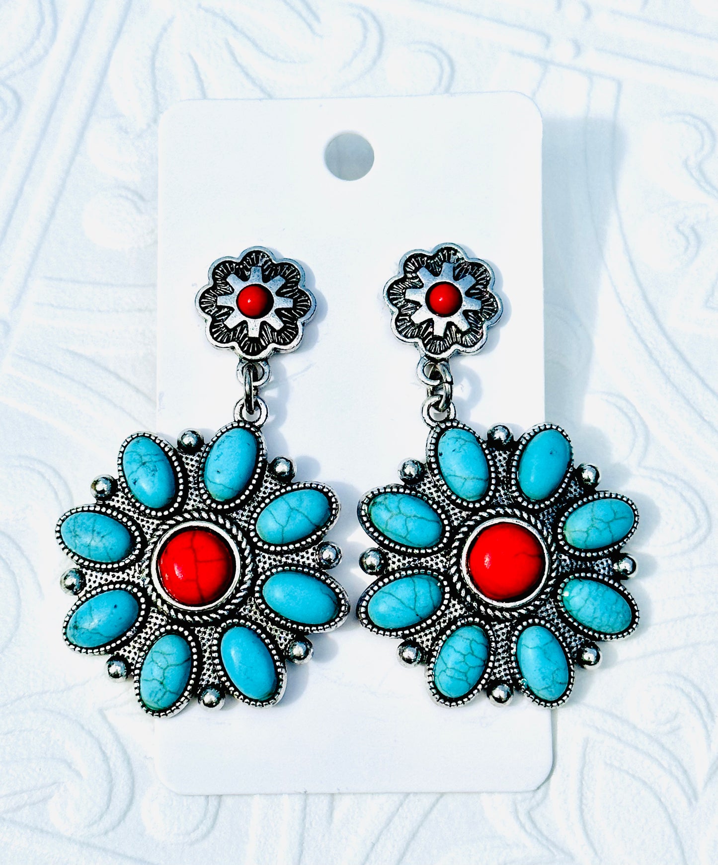 Turquoise / Red Flower Stone Earrings