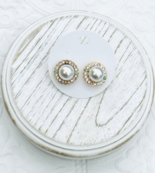 Gold Pearl & Rhinestone Studs