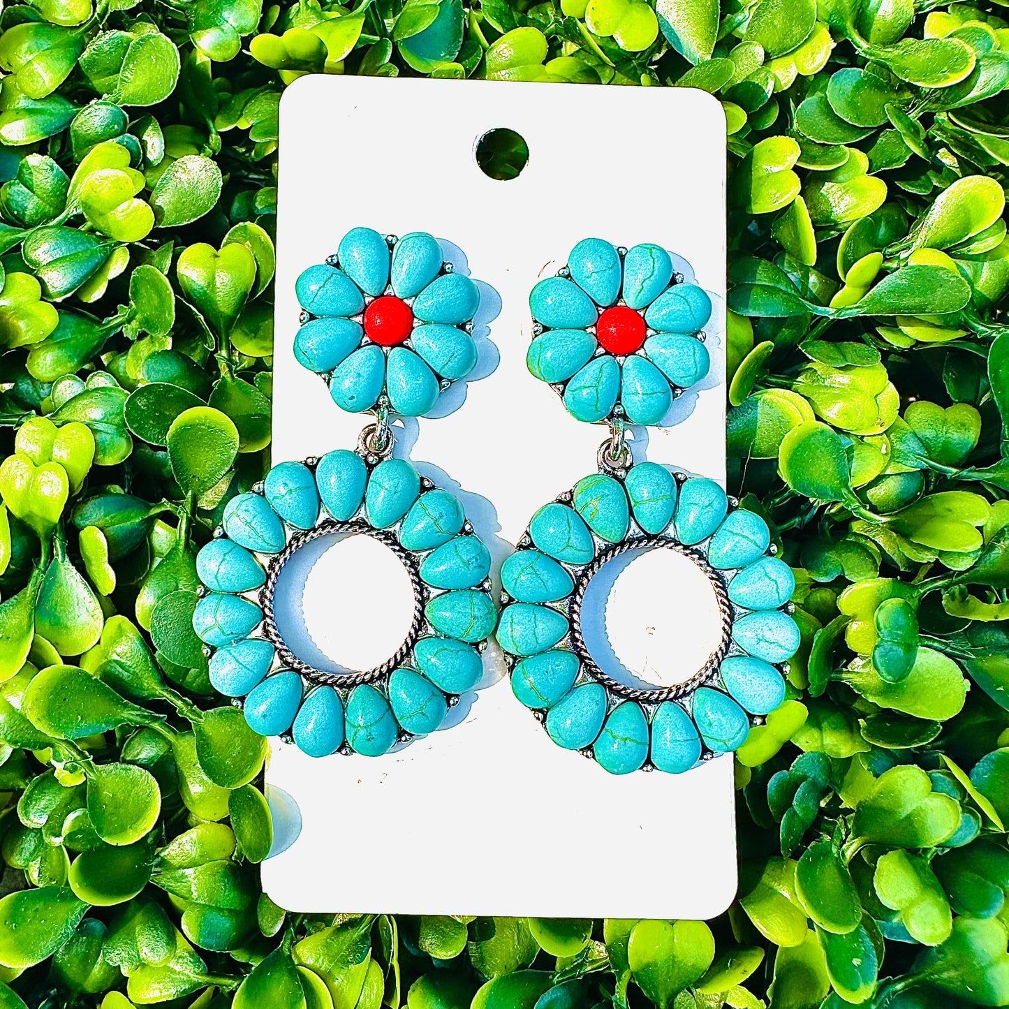 Turquoise / Red 2 Tier Circle Flower Stone Earrings