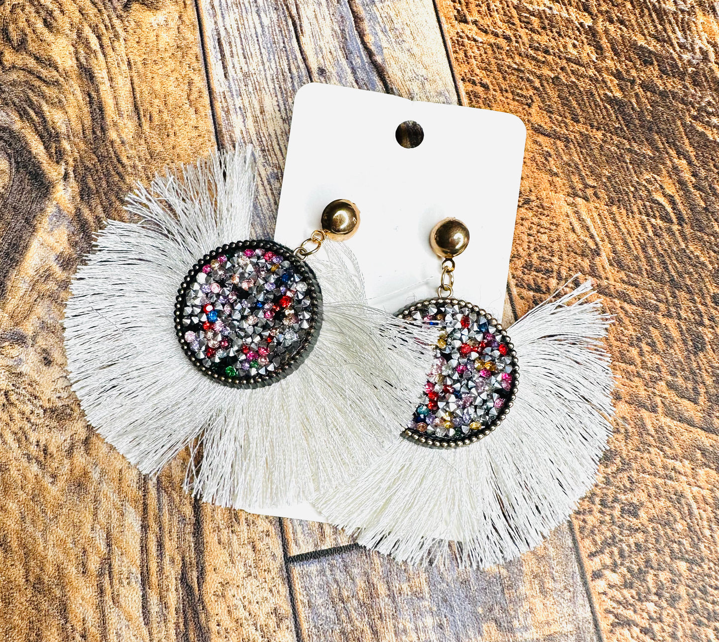 Round Glitter Cream Tassel Earrings