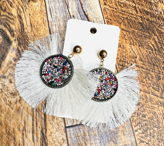 Round Glitter Cream Tassel Earrings