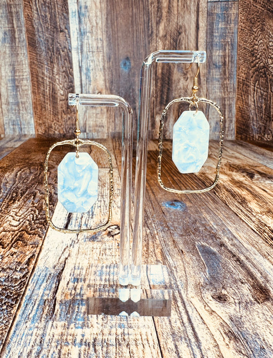 Gold Rectangle Cream Stone Dangle Earrings