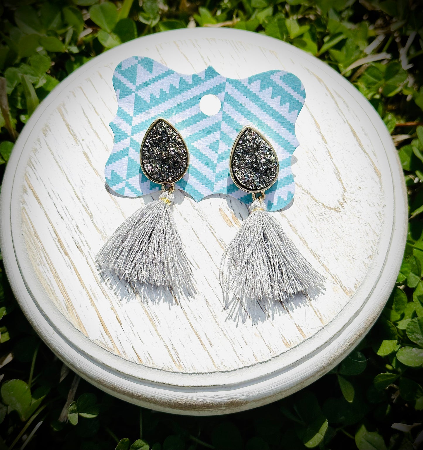 Grey Teardrop Druzy Tassel Earrings