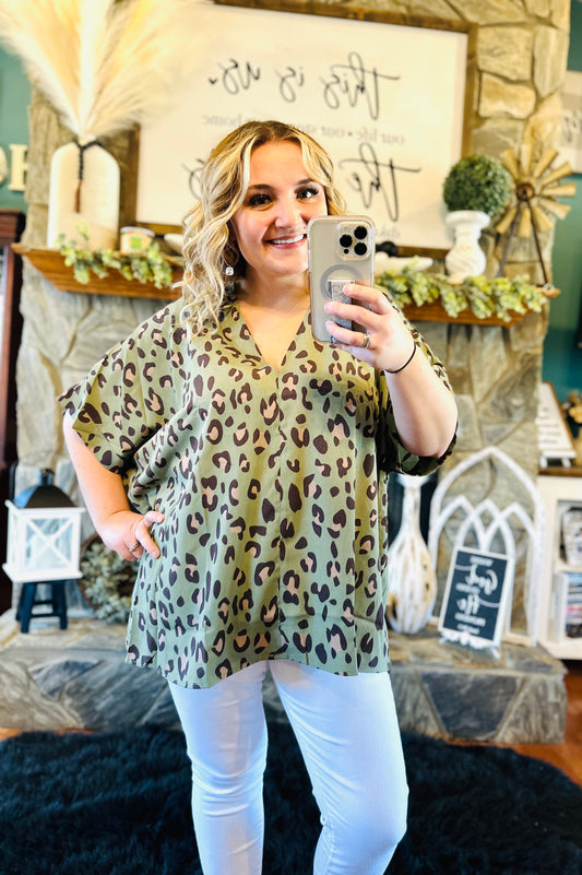 Jodifl Sage Leopard Print Boxy Vneck Short Sleeve Top