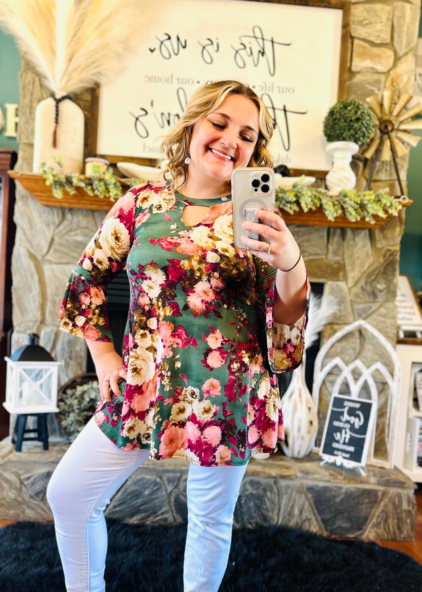 Green Floral Quarter Belle Sleeve Top