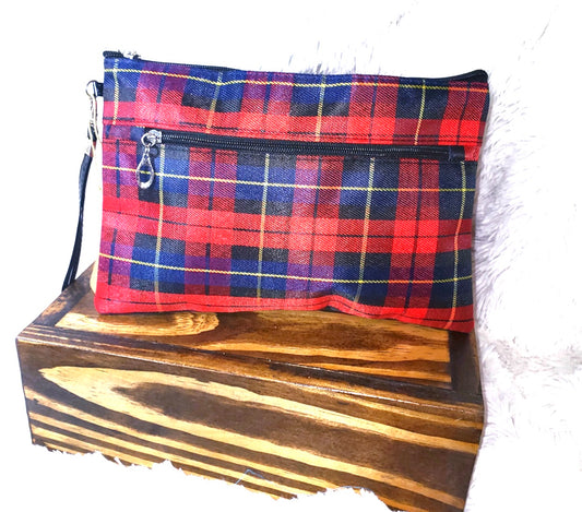 Red / Blue Plaid Zip Pom Pom Wristlet