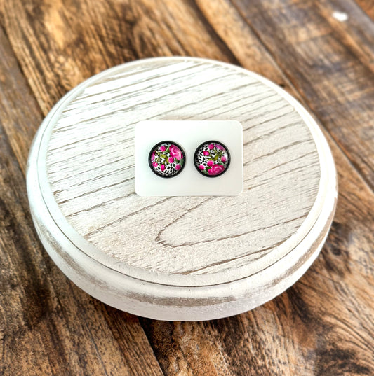 Pink Floral Cheetah Stud Earrings