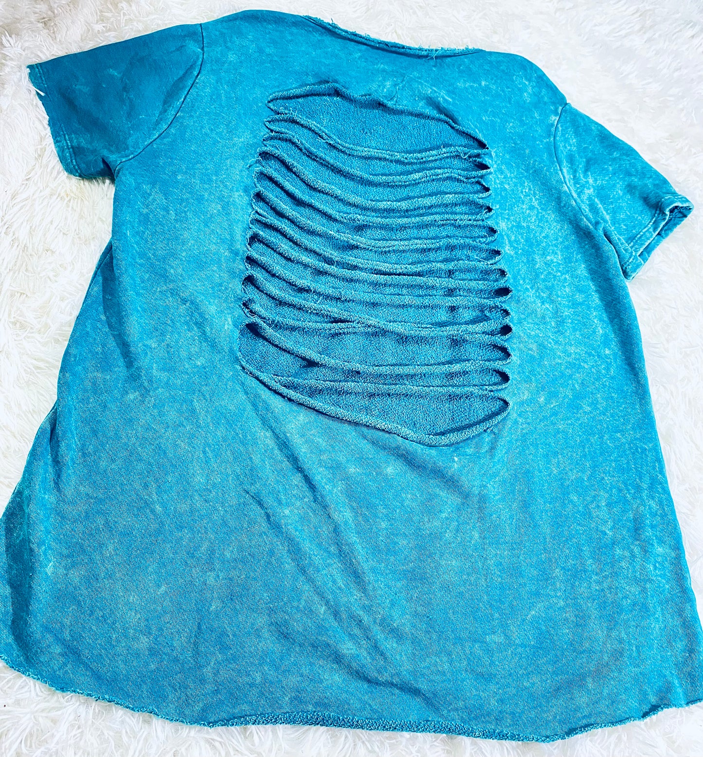 Teal Mineral Washed Ripped Back Short Sleeve Sweatshirt